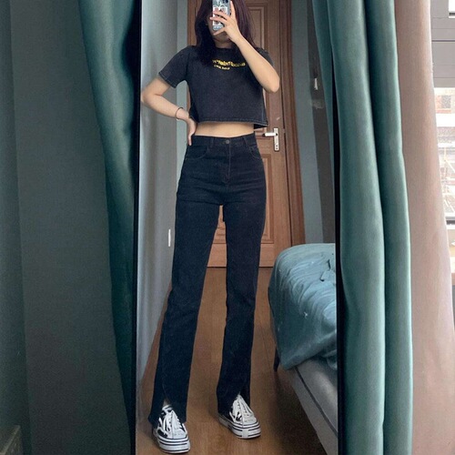 Women's Black Denim Straight-Leg Pants with a Chic Hong Kong Vibe, Loose High-Waisted, Slimming, Flowy, Floor-Length, Trendy