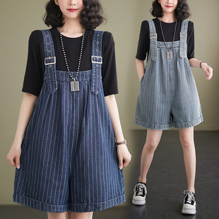 2024 Plus Size Women's Fat mm Korean Style Vertical Stripesd Denim Suspender Shorts Women's Summer Thin Loose Jumpsuit Pants