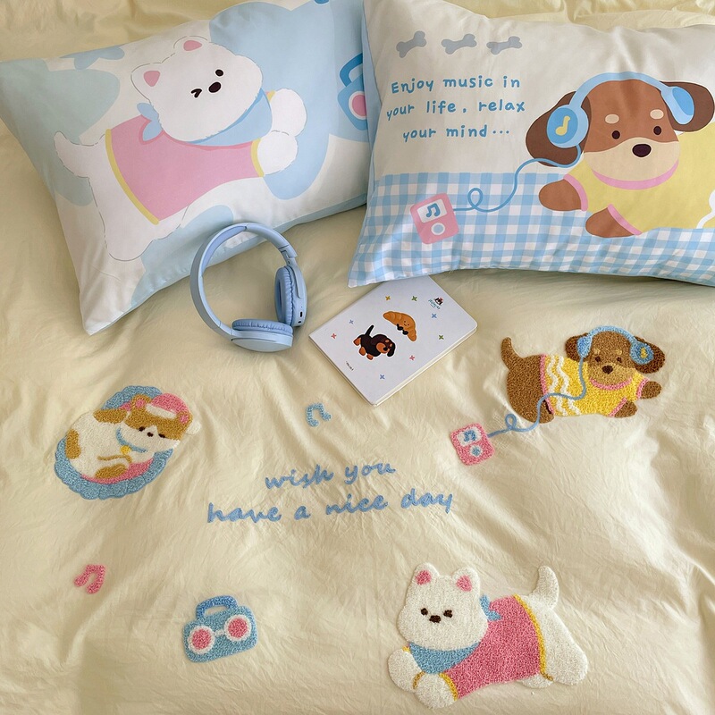 漫画かわいいタオル刺繍洗浄綿ベッド 4 点セット 2025 新しいキルトカバー学生寮のベッドシーツ 3 点セット|undefined