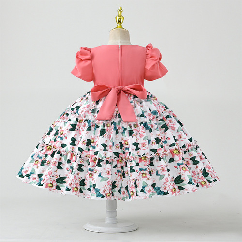 Summer Girls' Dress Children's Wholesale Korean Girls Fashion Show Performance Clothing Printed Short Sleeve Children's Princess Dress