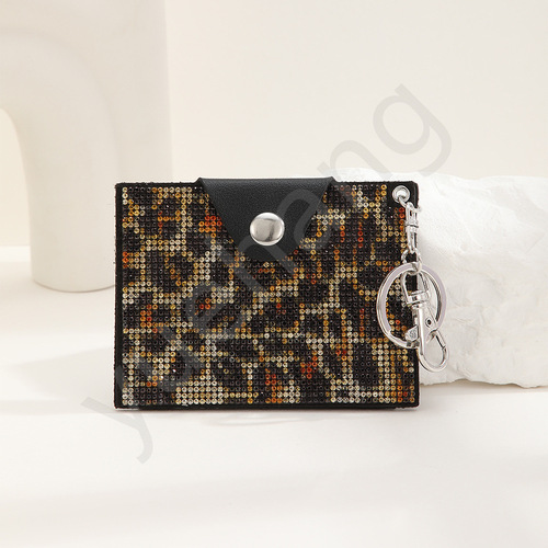 Cross-border fashion colorful water diamond credit card case key chain leather women's purse leopard print rainbow card holder