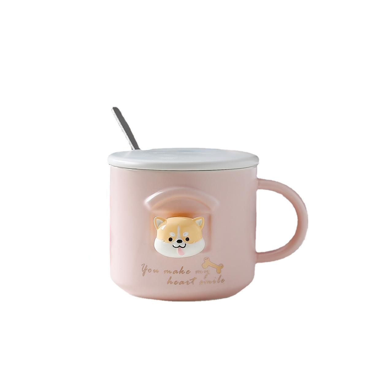 Tridimensional Shiba Inu Taza de cerámica de dibujos animados lindo perro Akita taza con tapa cuchara estudiante Oficina taza de agua en el hogar pareja