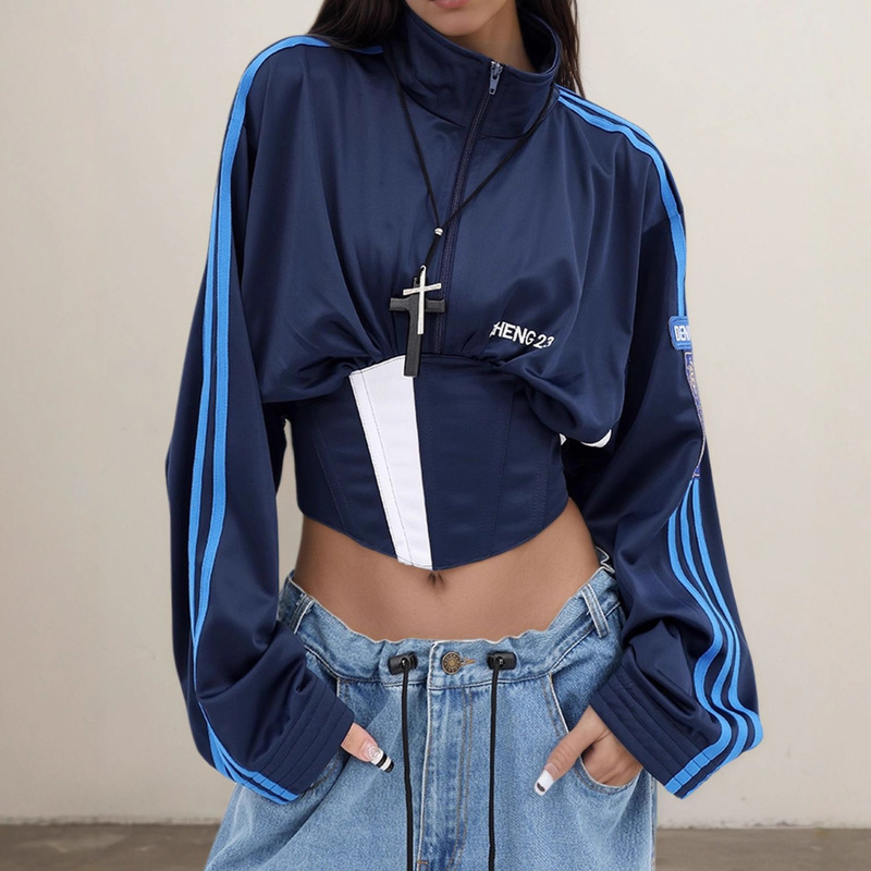 American Retro Color-Blocking Sports Short Jacket for Women, Autumn New Style, Fishbone Waist-Cinching, Stand Collar, Tie-Up, Sun-Protective Shirt