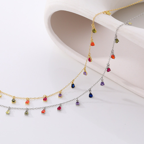 Colorful Gemstone Necklace for Women, Unique 925 Pure Silver Cross-border Retro Instagram Style Fringe Droplet Zircon Choker Lock Chain