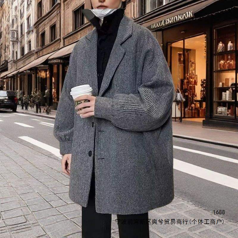Men's wool coat, autumn and winter, Korean style, trendy mid-length wool coat, thick, warm, loose, cool, plus size trench coat.