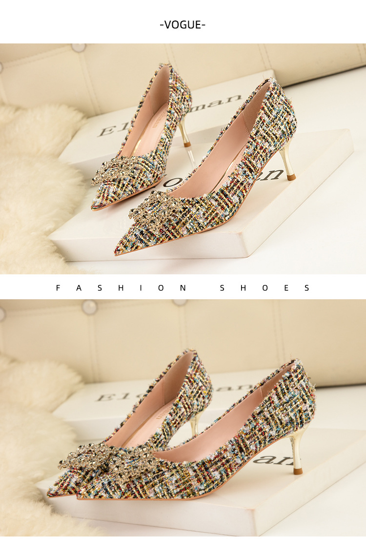 Fashion sexy slim high heels slim heels High heels shallow-cut pointe sparkling rhinester buckle women's single shoes_voghion.com