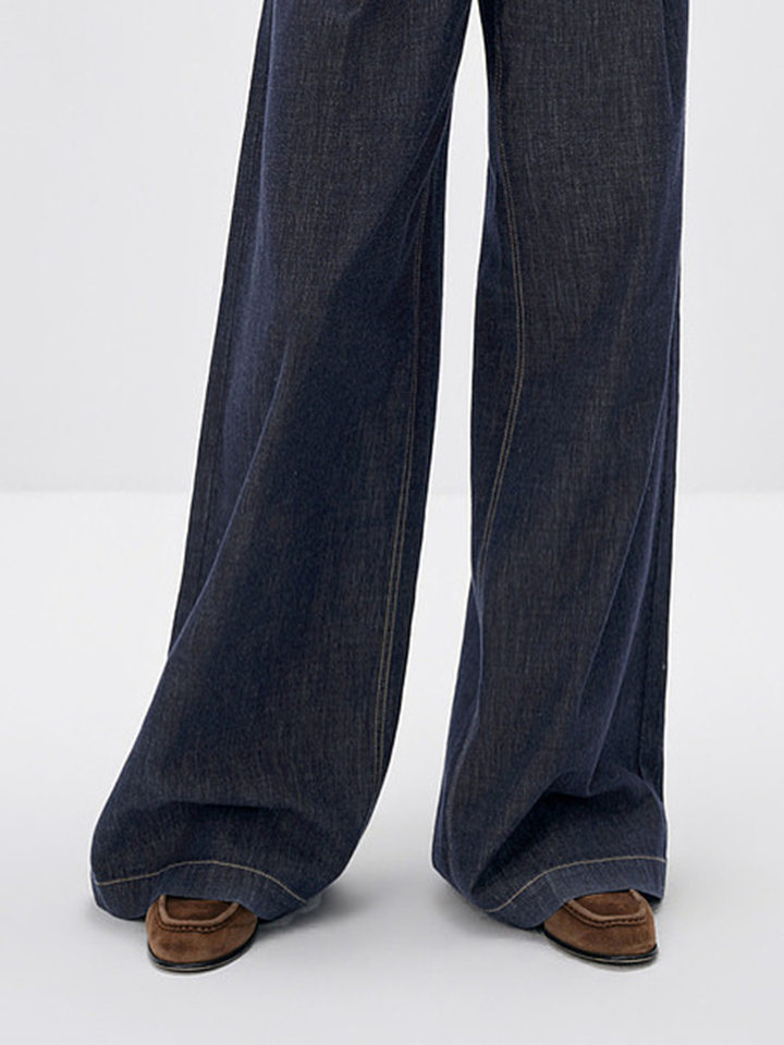 Quần ống rộng denim cạp cao phong cách retro cho nữ, form suông thoải mái tôn dáng — Xanh tím than