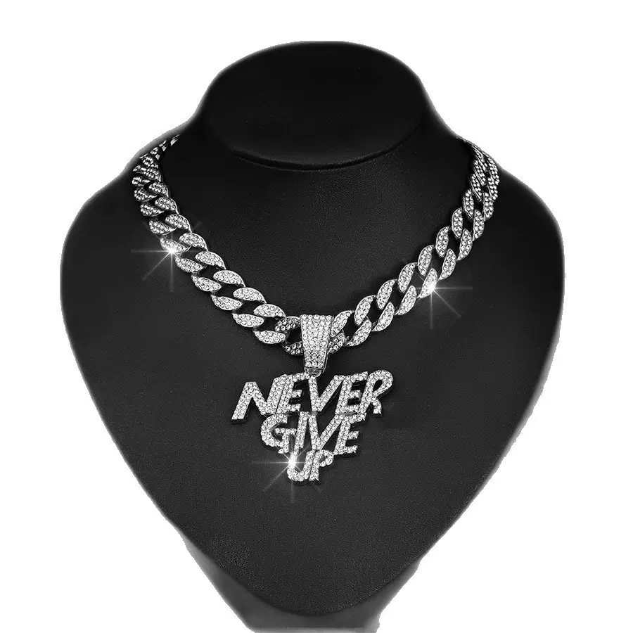 欧美跨境嘻哈hiphop项链合金满钻NEVERGIVEUP字母吊坠男士古巴链