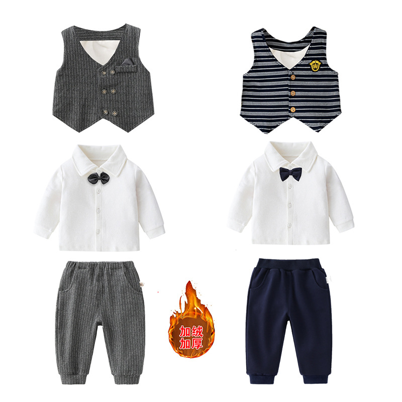 Men's and Children's Handsome Small Suit suit Autumn and Winter Vest Shirt Baby's One-year-old fleece-lined Thickened Dress for Zhou Banquet