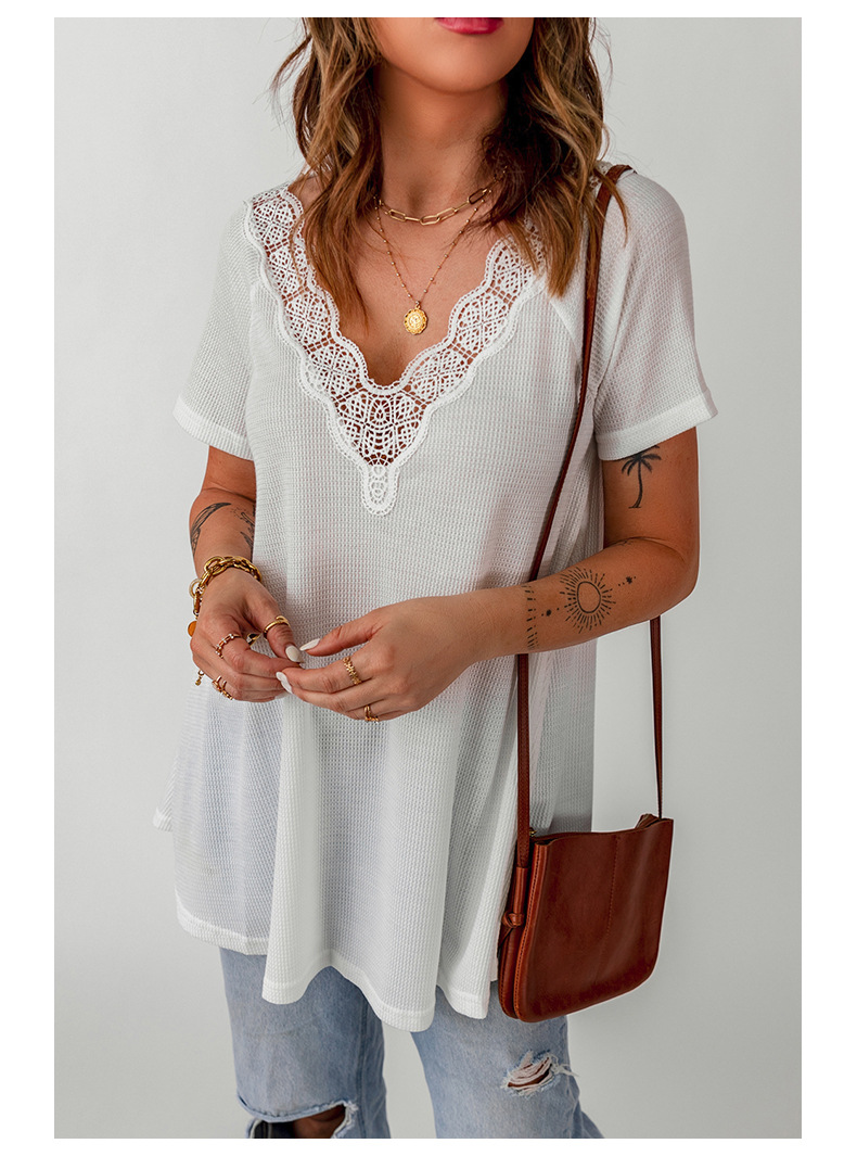 short-sleeved solid color lace stitching v-neck pullover t-shirt NSSI129527