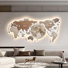 地图简约客厅装饰画壁灯现代轻奢大气壁画沙发背景墙挂画带挂钟表