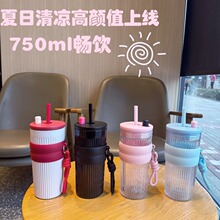 新款夏季清凉高颜值吸管杯食品级塑料水杯学生上学用简约随手杯