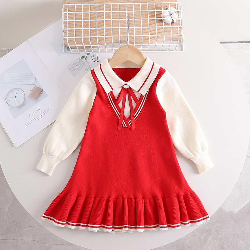 Rochie de toamnă și iarnă pentru fete, produs nou, culoare solidă, cu guler de păpușă, cu fundă, în linie A, tiv din dantelă, comoară_voghion.com