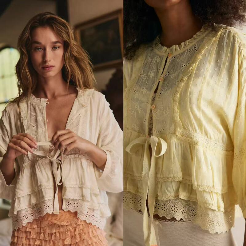 French-Style Women's Clothing 2026 Spring/Summer New Vintage Hollow-Out Embroidered Lace Patchwork Front-Button Tie Long-Sleeve Shirt