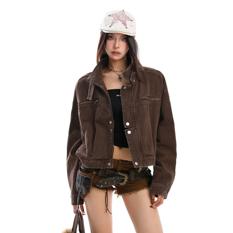 American-Style Washed Vintage Workwear Denim Jacket for Women, Autumn and Winter High-End Short Biker Jacket Top Trendy American-Style Washed Vintage Workwear Denim Jacket for Women, Autumn and Winter High-End Short Biker Jacket Top Trendy