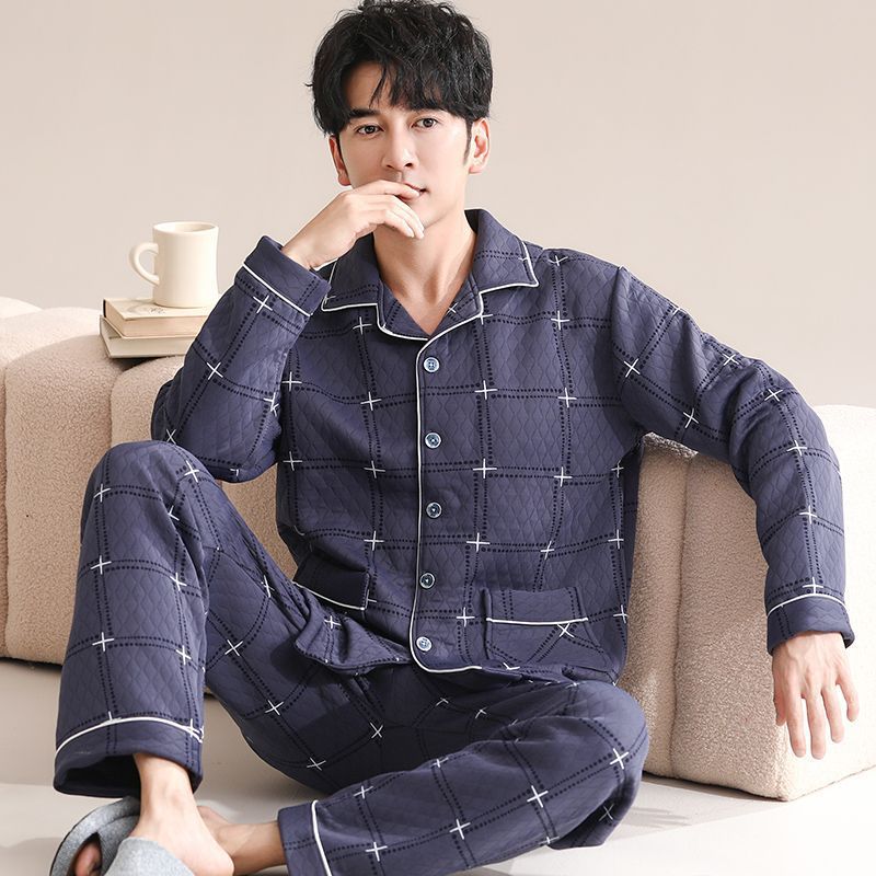 Algodón sándwich calentador hombre pijama otoño invierno engrosado de mediana edad manga larga aire algodón conjunto de ropa para el hogar