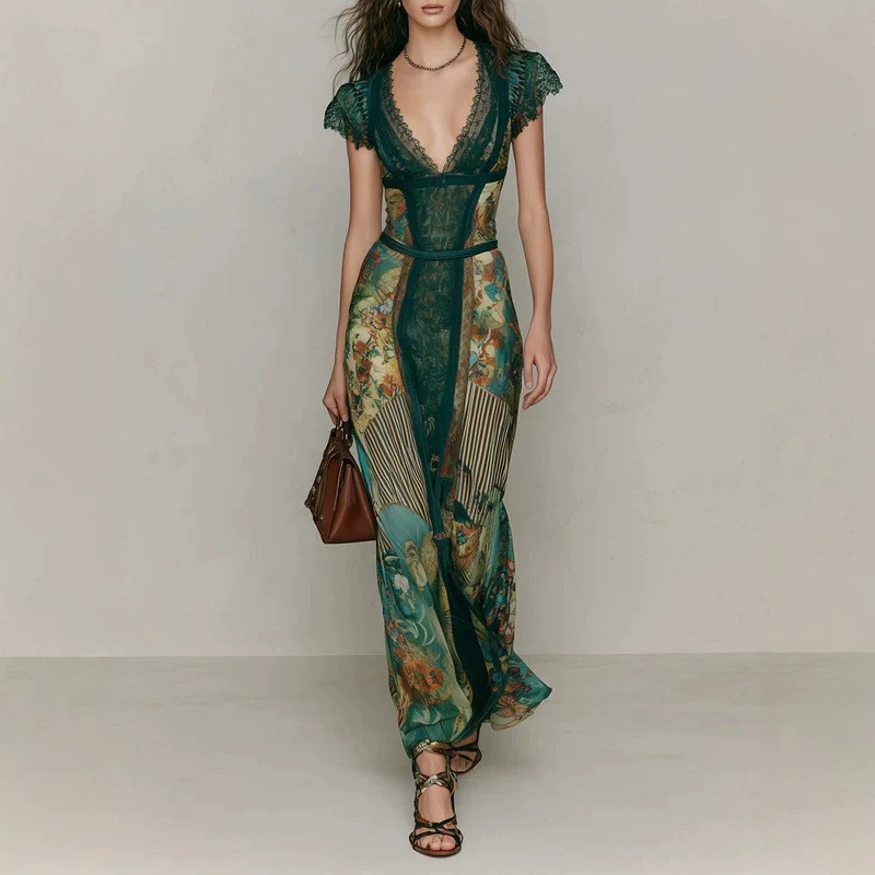 2026 Retro Dark Green Lace V-Neck Short-Sleeve Dress with Oil Painting Print, Waist-Cinching, Slim-Fit, Flowy Holiday Mermaid Long Dress