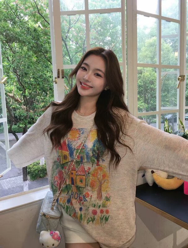 现货高版本ac家甜美感涂鸦圆领长袖t恤百搭新款上衣减龄时尚简约|undefined