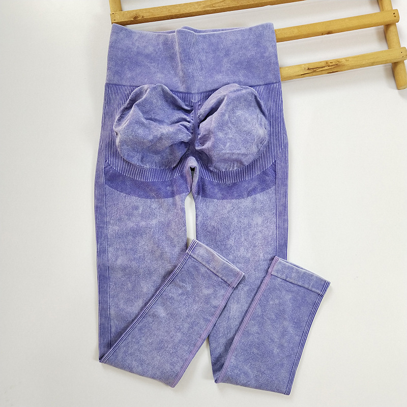 Pantalones de yoga sin costuras de punto lavados transfronterizos, cintura alta, glúteos, ropa de yoga esmerilada, pantalones de fitness para correr deportivos delgados de verano