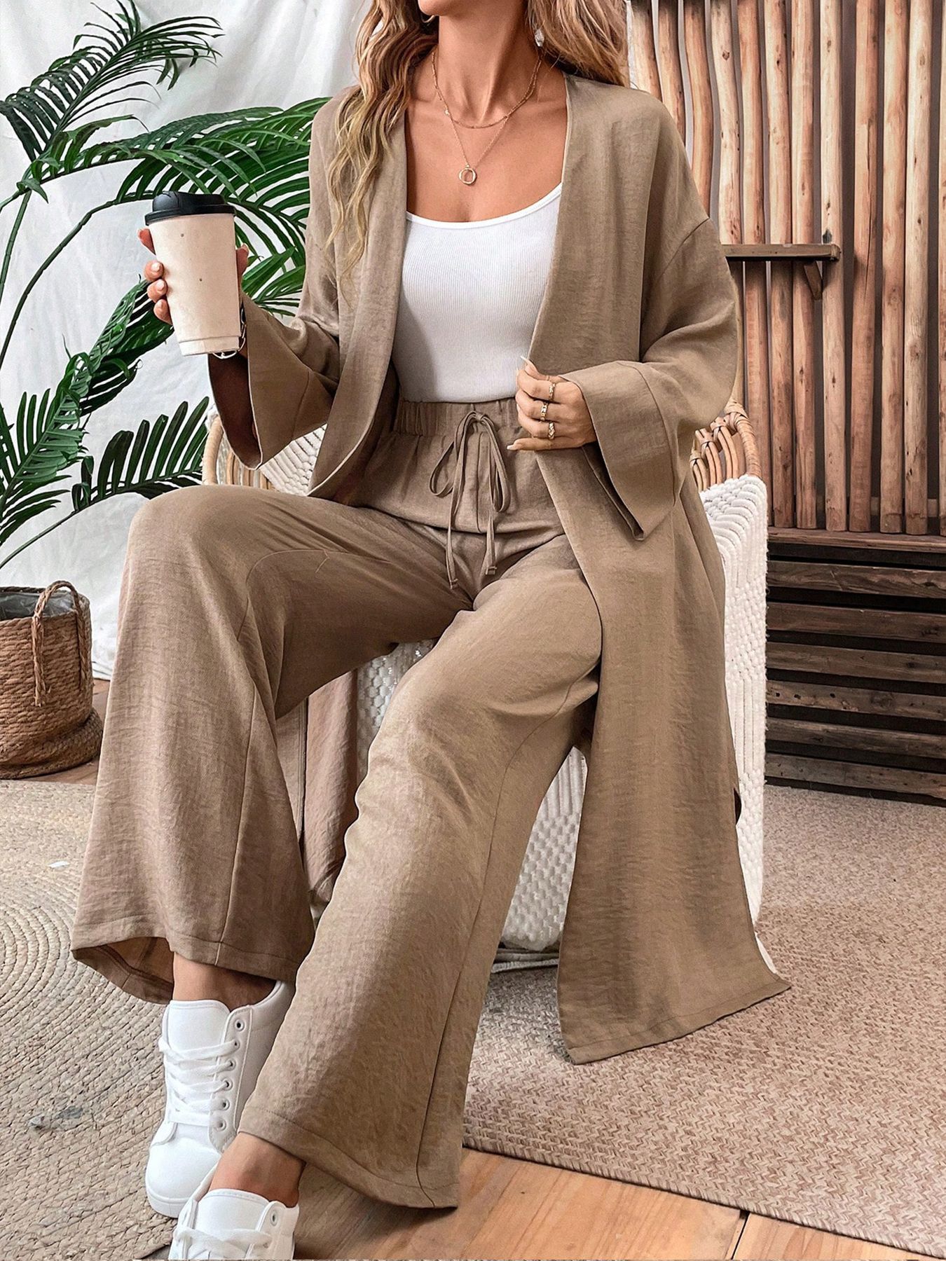 Women's Clothing new loose long cardigan top wide leg pants two piece suit_voghion.com