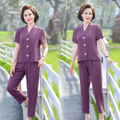 中年妈妈夏季短袖套装2021新款四五十岁大码洋气女装时尚休闲薄款