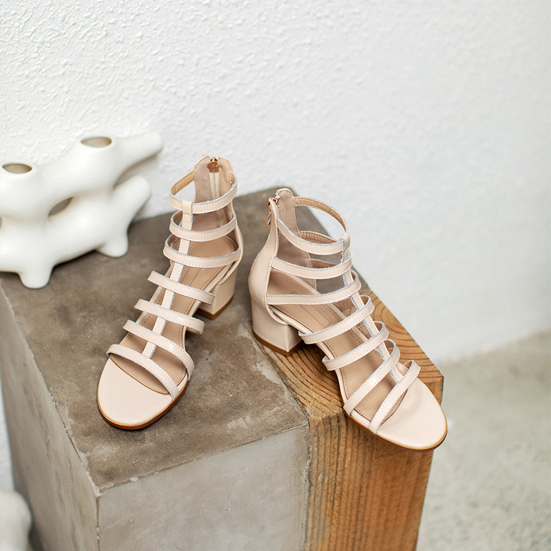 Sandal nữ cao gót siêu cao da bò kiểu La Mã cổ cao gót thô — Màu đen chi tiết 21