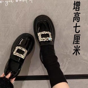Hidden height small size loafers thick bottom square buckle rhinestone chunky heel black slip-on jk Mary Jane shoes small leather shoes