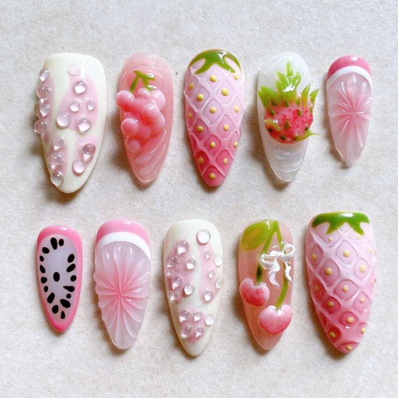 Cross-Border New Product 3D Stereo Fresh Dragon Fruit Grape Strawberry Almond Wearable Nails Sweet Bow Nail Art Nail Pieces Cross-Border New Product 3D Stereo Fresh Dragon Fruit Grape Strawberry Almond Wearable Nails Sweet Bow Nail Art Nail Pieces