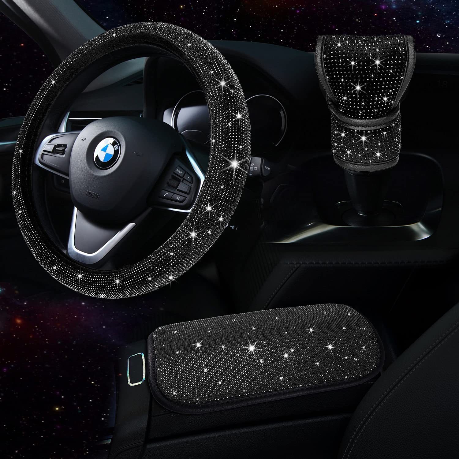 New Fashionable Full-Diamond Car Steering Wheel Cover for Women, Universal Crystal Flash Diamond Anti-Slip Handlebar Cover for All Seasons
