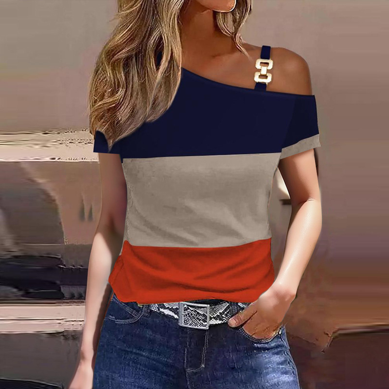 2023 estación independiente deseo Amazon popular verano simple manga corta hebilla de metal impreso camiseta superior ropa de mujer image 8