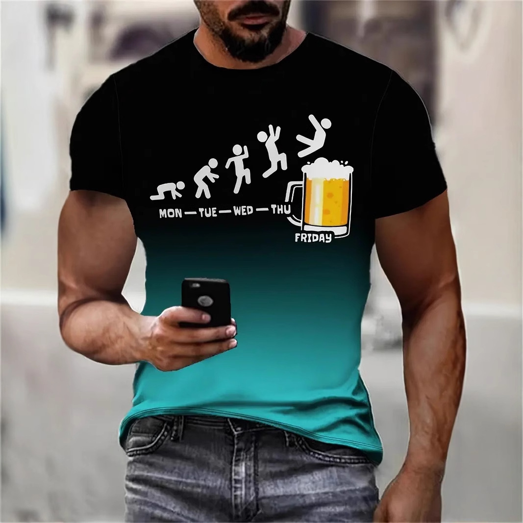 Fiesta de la cerveza color de fondo degradado impresión 3D hombre calle salvaje suelta transpirable manga corta cuello redondo camiseta en stock