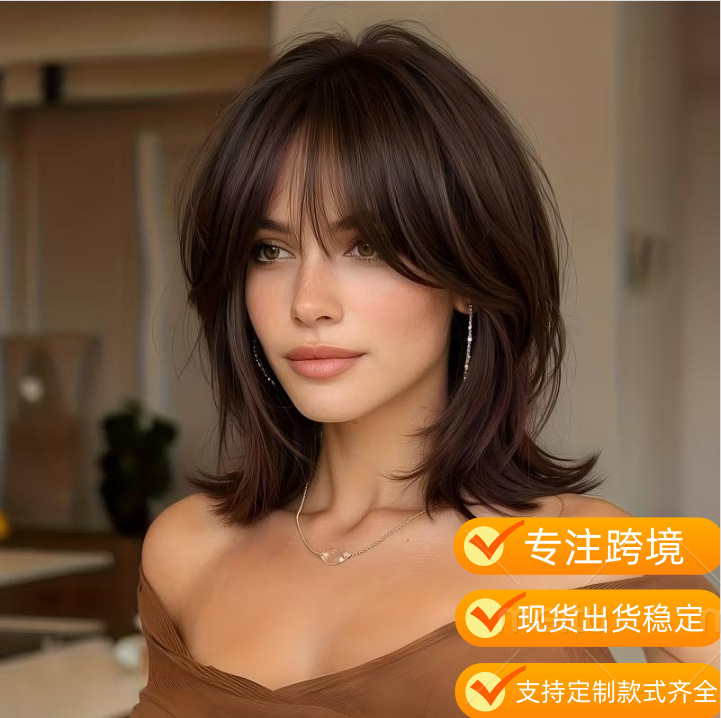 Cross-border foreign trade fluffy short hair wig for women with bangs, pixie wolf tail short hair synthetic fiber full head wig wholesale Cross-border foreign trade fluffy short hair wig for women with bangs, pixie wolf tail short hair synthetic fiber full head wig wholesale