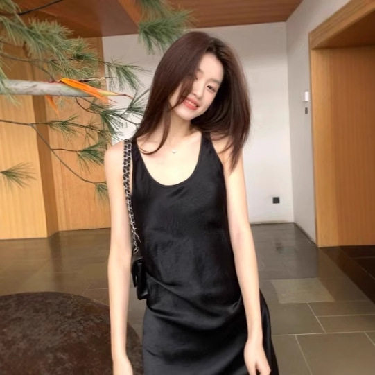 French Style Elegant Socialite Style Slim-fit Slimming Long Dress High-grade Acetic Acid Satin Sling dress Women's Summer New Style