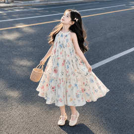 女童夏装碎花连衣裙2026薄款度假风沙滩裙女孩甜美无袖挂脖公主裙