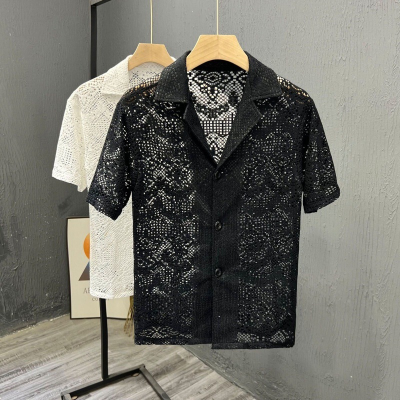 Light Mature Men's Shirt New Short Sleeve Summer Thin Retro Breathable Shirt Hollow Lace Casual Cuba Light Mature Men's Shirt New Short Sleeve Summer Thin Retro Breathable Shirt Hollow Lace Casual Cuba