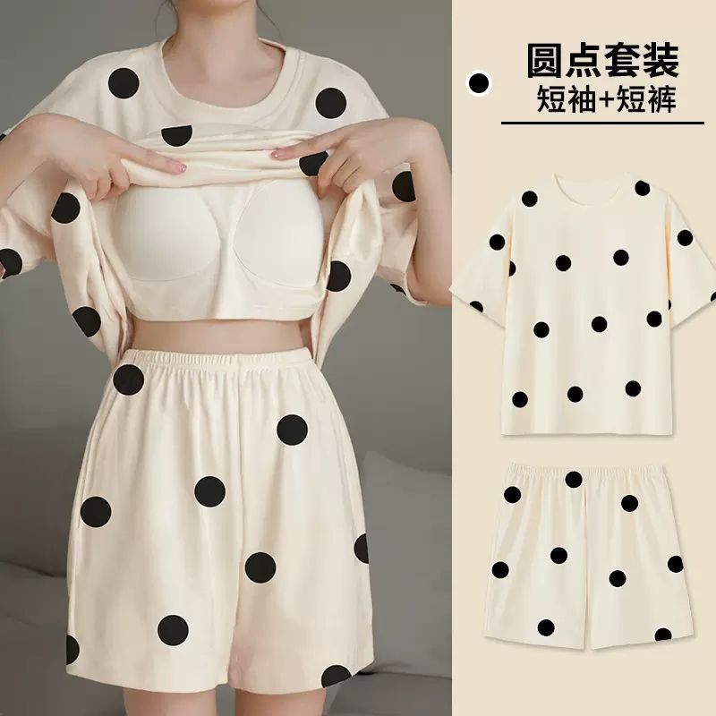 Women's Pajamas with Breast Pads, Large Size, Summer Short-Sleeved Shorts, Loose and Sweet Cartoon Style, Can Be Worn Outside, Home Wear Set