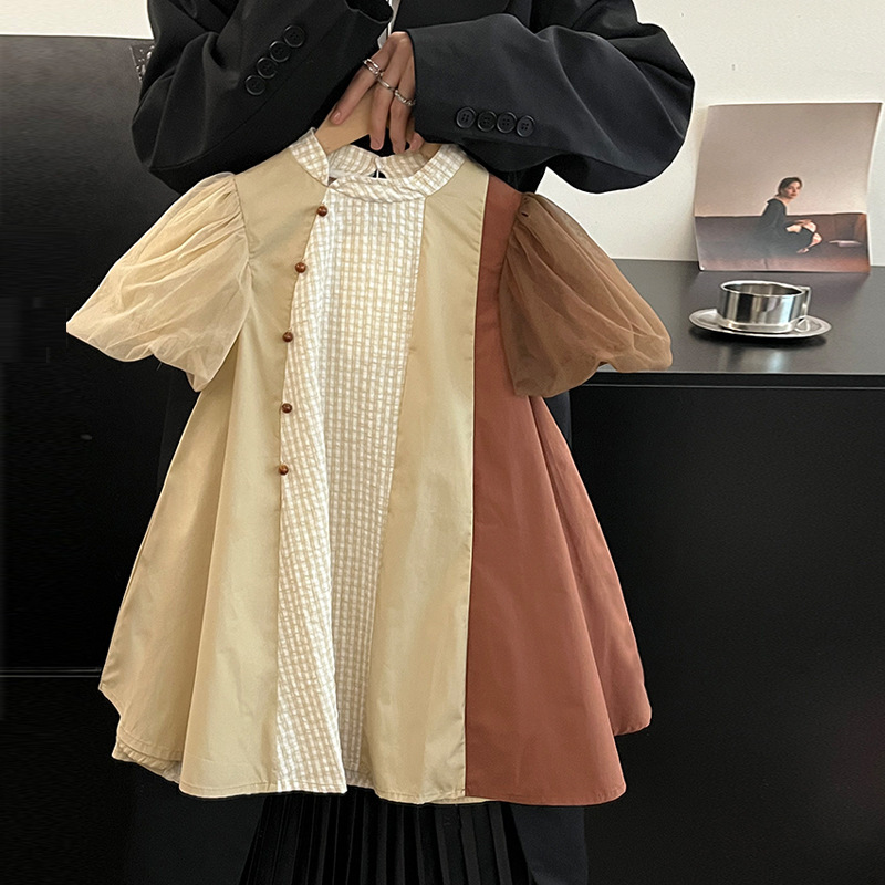 77291 Girls dress 2024 Summer New Vintage Stitching Western Style Skirt Children's Flower Bud Short-sleeved A- line Skirt