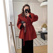 红色双面羊毛大衣女2025秋冬新款斗篷系带新年圣诞战袍毛呢外套