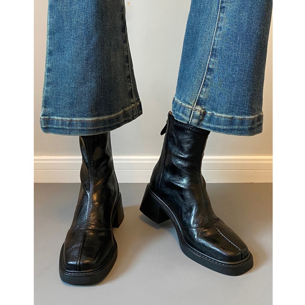 Cowhide Genuine Thick French Style Short For Women 2025 New Autumn Winter High Heel Stretch Slim Boots_vogvips.com