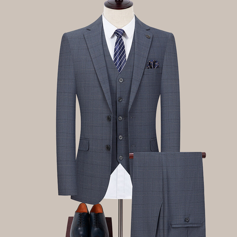 Traje de dos piezas para hombre, estilo de primavera y otoño, casual de negocios, chaqueta de traje a cuadros antiarrugas de alta gama sin planchar