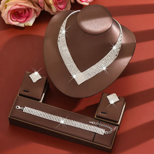 跨境新款奢华多层水钻耳环项链套装时尚高级婚礼晏会环保珠宝首饰