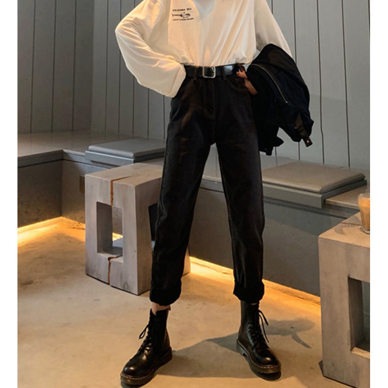393 Autumn New High waist slimming loose plus size pipe pants with Martin boots Denim daddy pants for women