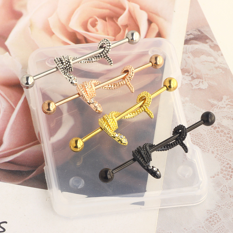 14G Snake Industrial Barbell Earrings Star Rose Gold with CZ Double Ear Hole Bridge Earring Piercing Jewelry 38mm detail image 8
