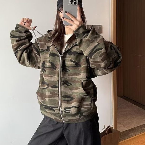 美式复古迷彩户外工装连帽卫衣男女oversize嘻哈情侣夹克外套