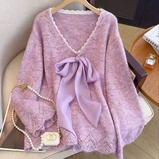 法式系带蝴蝶结女装新款上衣春秋毛衣外套蕾丝拼接领针织衫套头