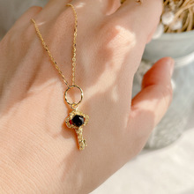 跨境专供 s925银 小钥匙 黑色玉髓 黑玛瑙钥匙吊坠 项链 锁骨链