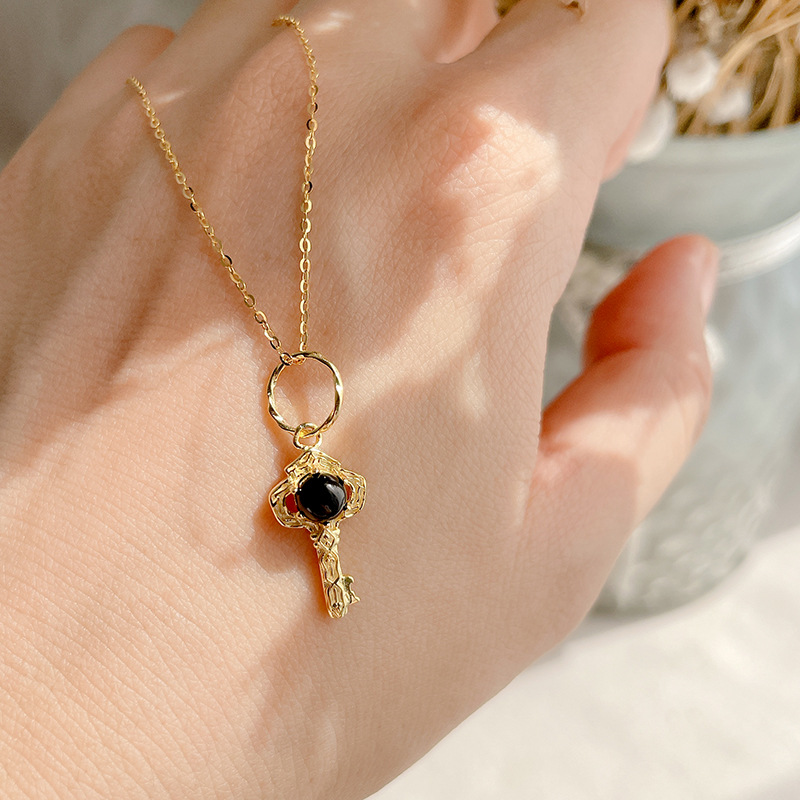 跨境专供 s925银 小钥匙 黑色玉髓 黑玛瑙钥匙吊坠 项链 锁骨链