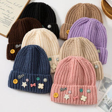韩版新款套头针织帽子女甜美纽扣显脸小毛线帽秋冬季包头保暖冷帽