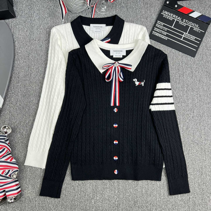 Factory Store High-Quality Spring and Autumn Four-Stripe Long-Sleeve Collared Pullover with Bow Front and Knitted Dog Print