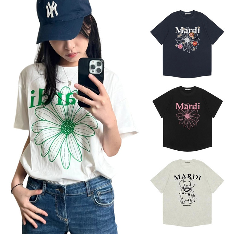 Short-Sleeved Daisy and Dachshund Print Summer Round-Neck Pure Cotton T-Shirt, Same Style as Kim Go-Eun, Loose Fit, High-End Feel for Women